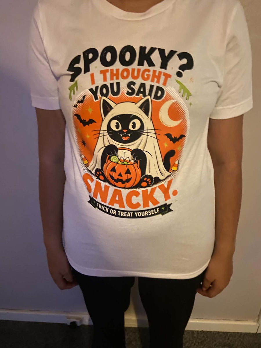 Spooky? I Thought You Said Snacky – Halloween Cat T-Shirt (Unisex)