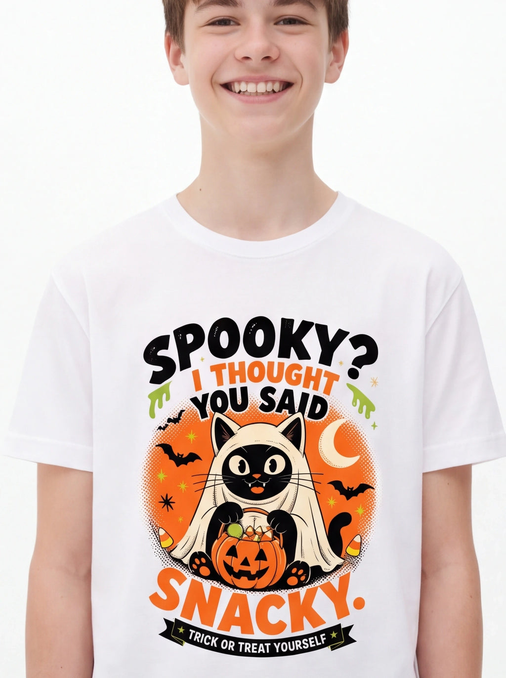 Kids Spooky? I Thought You Said Snacky – Halloween Cat T-Shirt (Unisex)