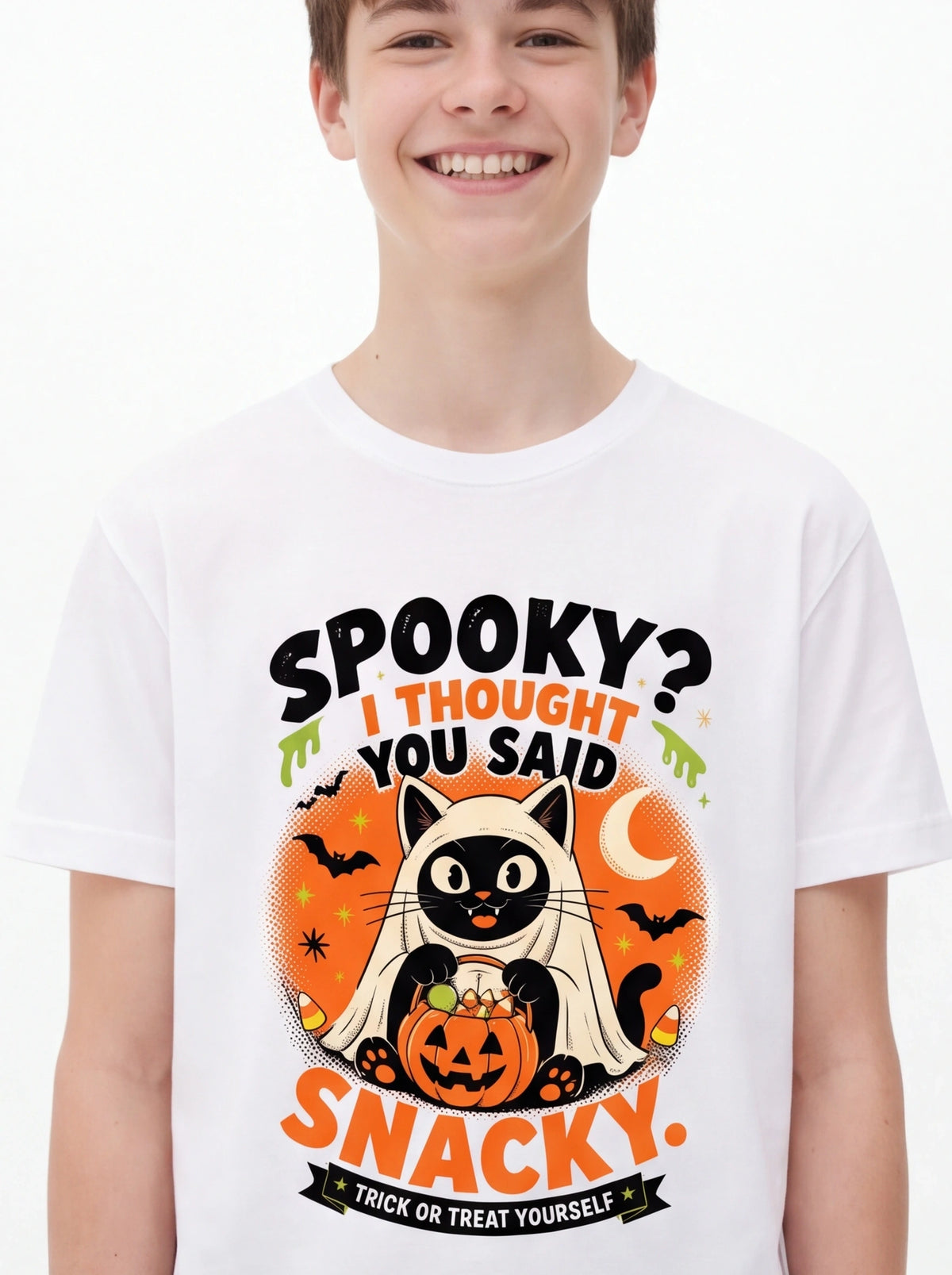Kids Spooky? I Thought You Said Snacky – Halloween Cat T-Shirt (Unisex)