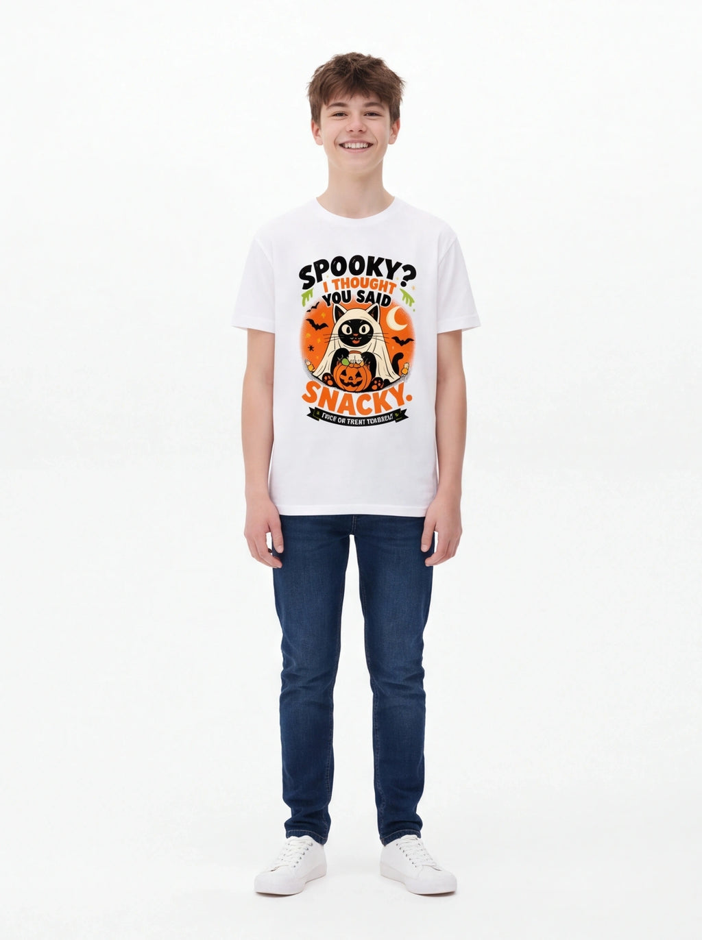 Kids Spooky? I Thought You Said Snacky – Halloween Cat T-Shirt (Unisex)