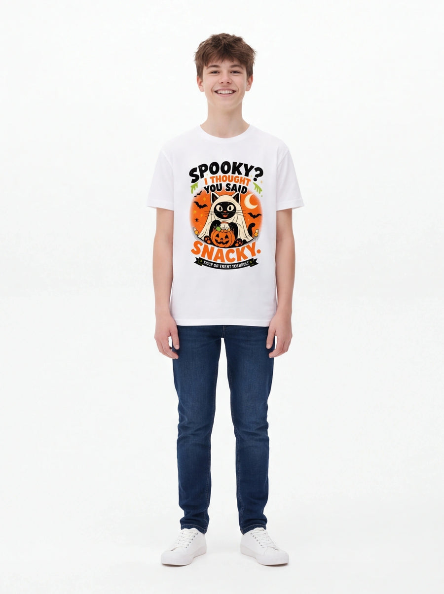 Kids Spooky? I Thought You Said Snacky – Halloween Cat T-Shirt (Unisex)