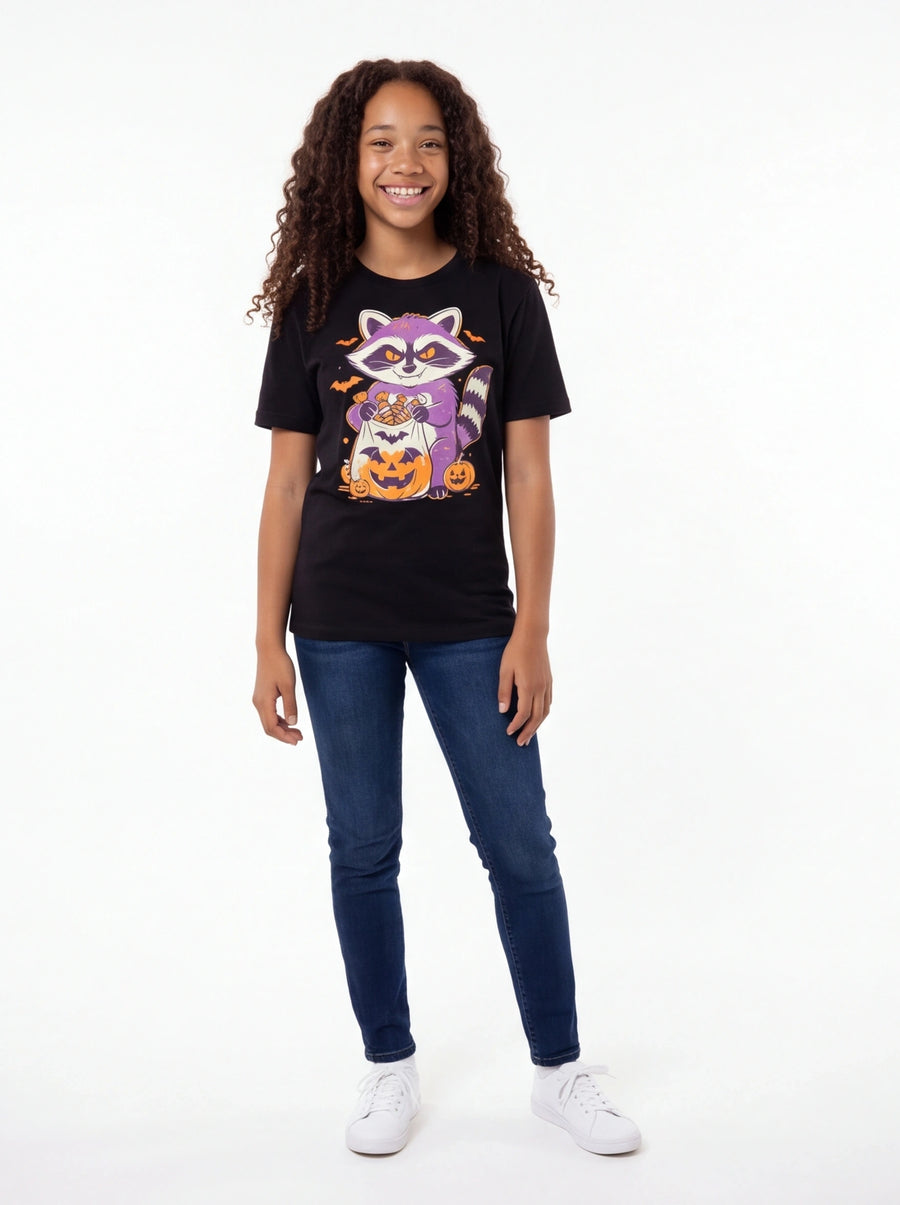 Kids Trick or Treat Raccoon – Halloween Candy Thief T-Shirt (Unisex)