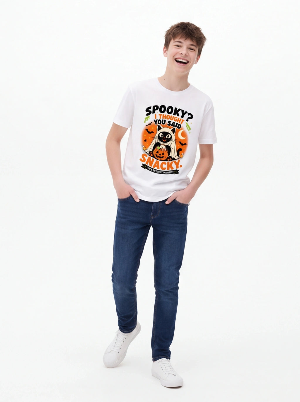 Kids Spooky? I Thought You Said Snacky – Halloween Cat T-Shirt (Unisex)