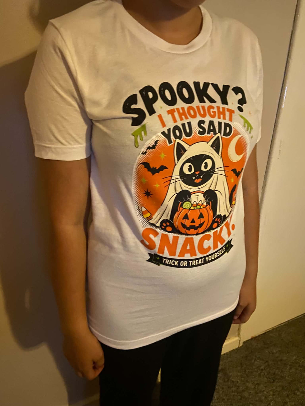 Spooky? I Thought You Said Snacky – Halloween Cat T-Shirt (Unisex)